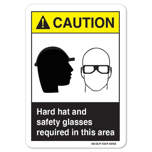 ANSI Sign, Hard Hat And Glasses Required In This Area, 18in X 12in Aluminum, 12" H, 18" W, Landscape